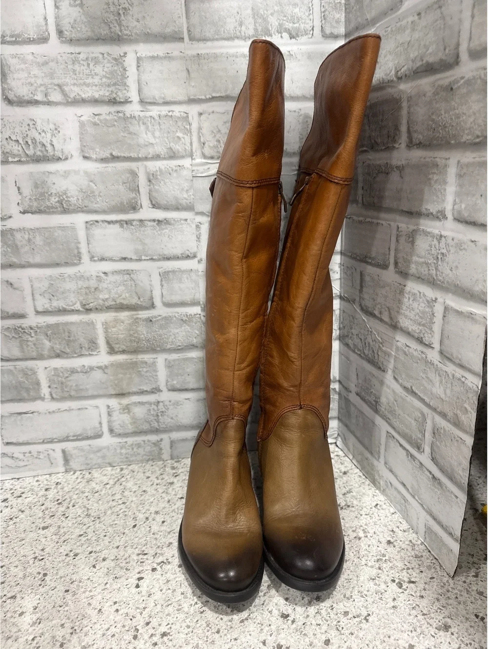 Vince Camuto Two Tone Brown Leather Knee-High Boots with Studded Back Detail